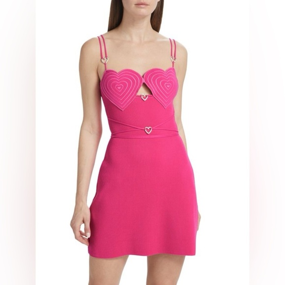NWT Mach & Mach Heart Accented Rib Knit Sheath Mini Dress Fuchsia Pink Sz L - Picture 1 of 15
